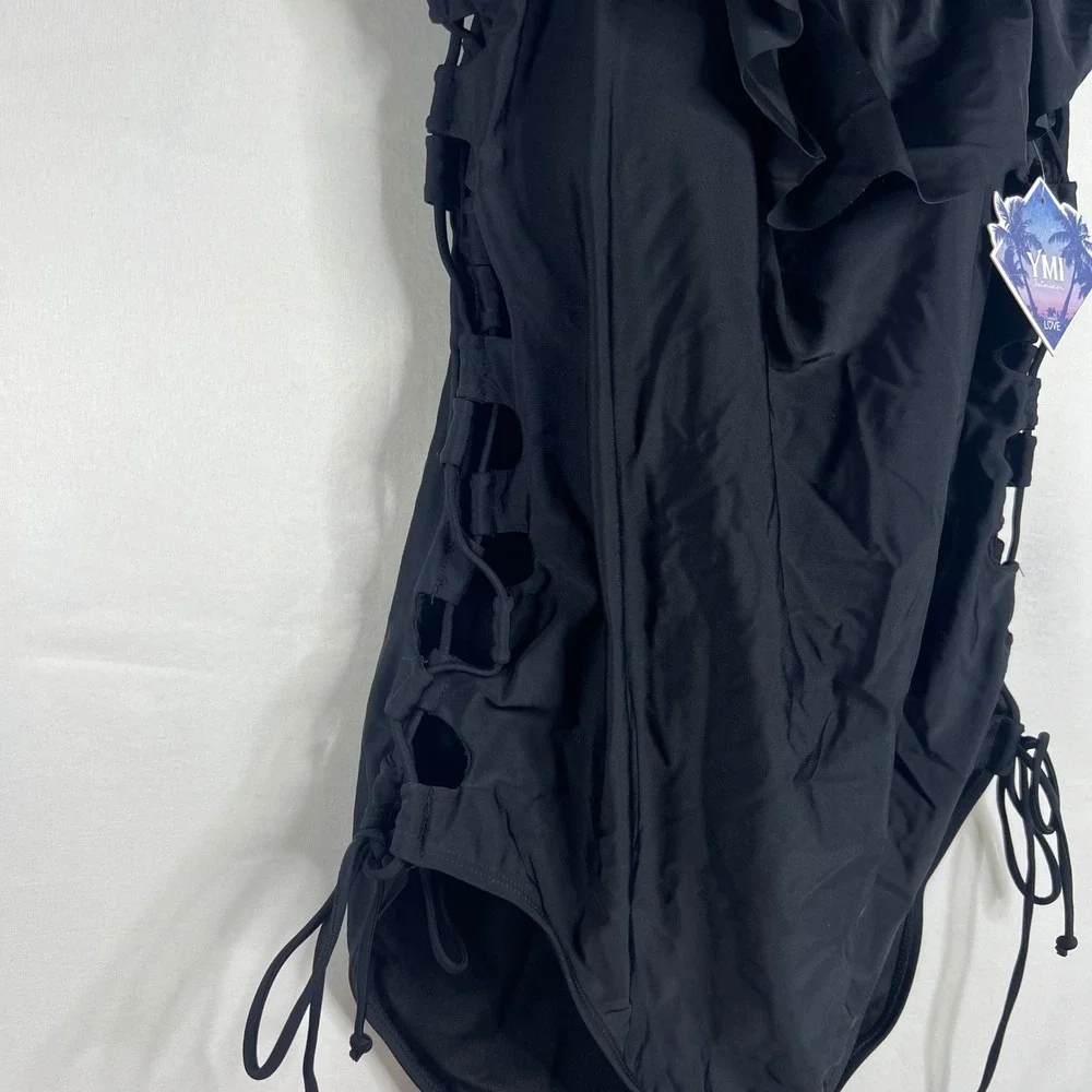 NEW Lace Up Black One Piece Swimsuit Womens 3X Ruffle Sexy Plus Size‎ Beachwear